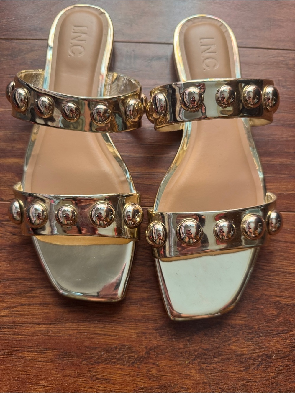 INC International Concepts Gold Studded Double-Strap Slide Sandals